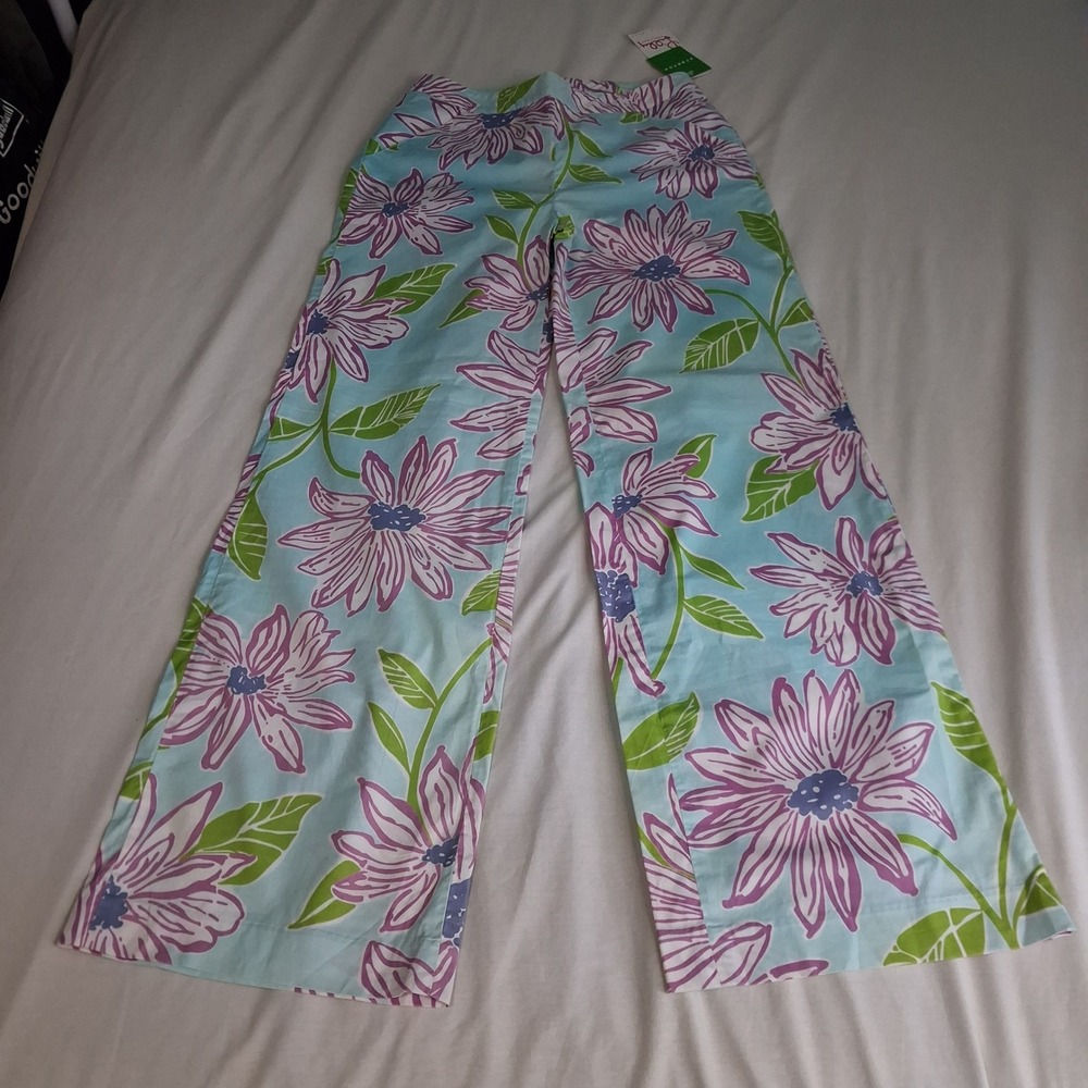 Lilly Pulitzer Floral Wide Leg Stretch Pants Blue Purple Green Tropical Resort 4 - Picture 2 of 16